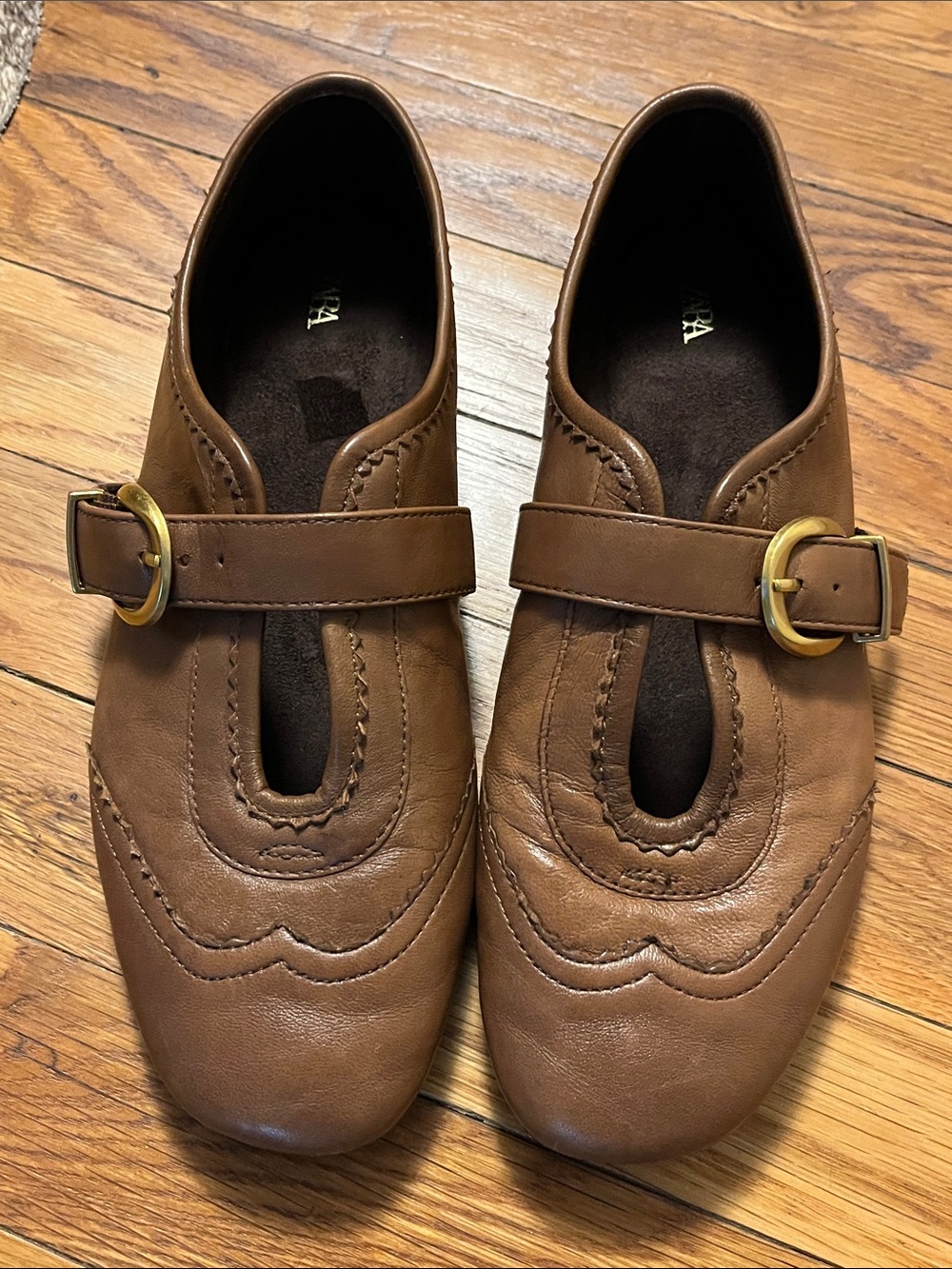 Zara Brown Leather Mary Jane Loafers with Gold Buckle, size 38, fits 7.5 USA
